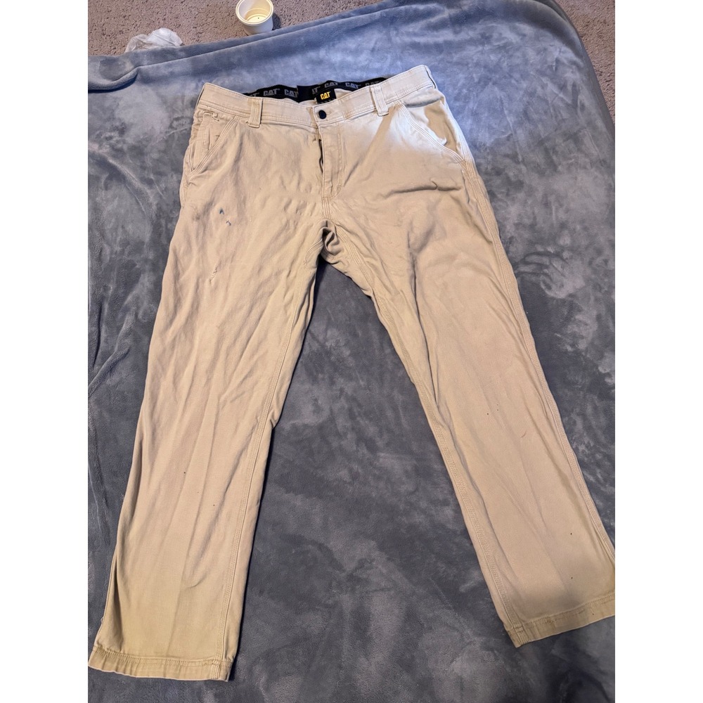 CAT Caterpillar Mens 38x32 Tan Canvas Work Utility Pants Distressed Paint Spot